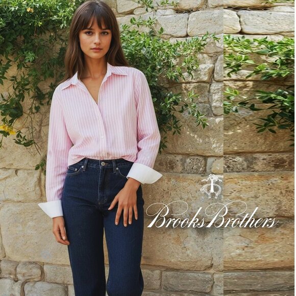 🐑 𝐁𝐑𝐎𝐎𝐊𝐒 𝐁𝐑𝐎𝐓𝐇𝐄𝐑𝐒 🐑 French Cuff Blouse Pink/White Stripe NEW!! - Picture 1 of 11